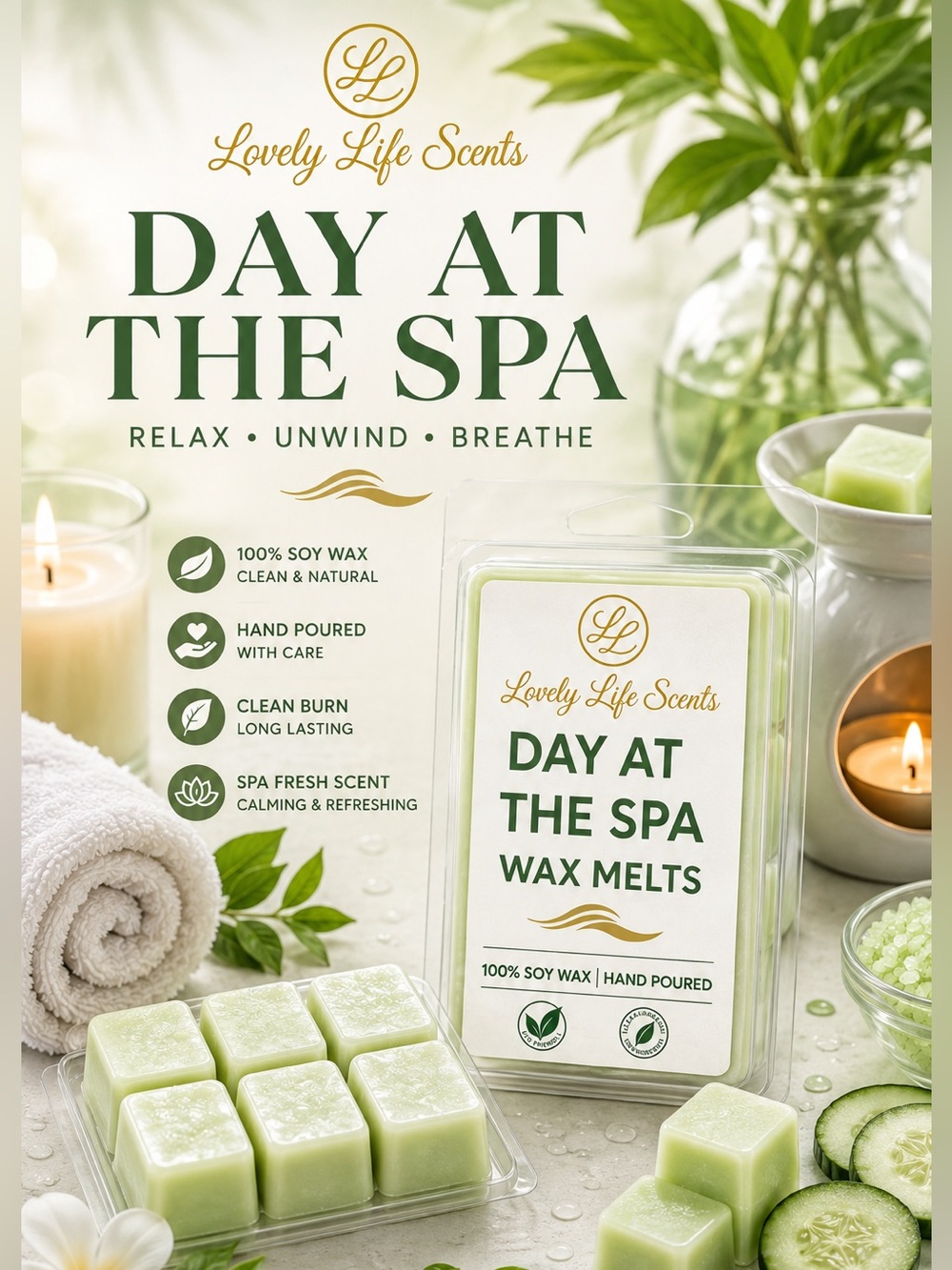 Day at the Spa Premium Soy Wax Melts, a Cucumber Water & Melon Scent